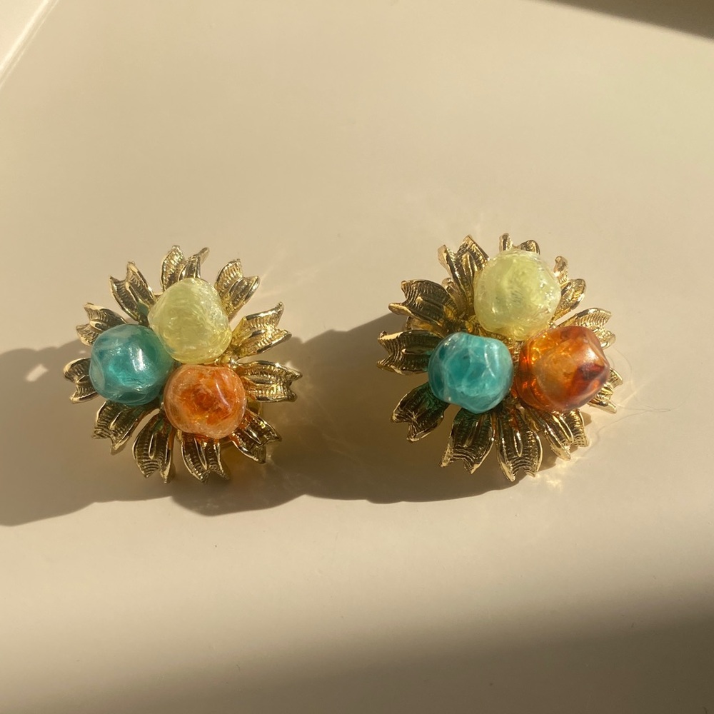 Gold Floral Earrings with Multicolor Beads